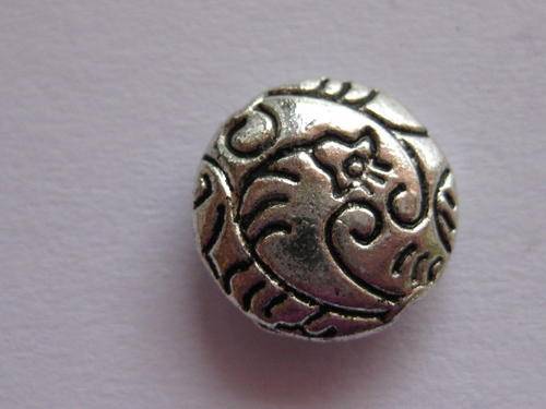 Tibetan silver spacer, round with flower design, 12mm, 1pc