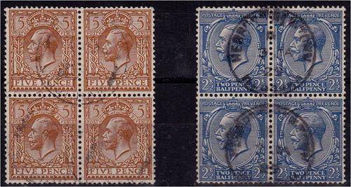 GB KG V 2 1/2d & 5d fine used Blocks x 4 SG 422 & 425