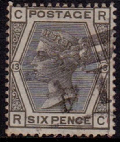 GB QV 6d Grey SG 147 Plate 13 good used