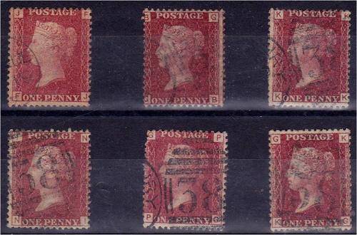 GB QV 6 x 1d reds Plates 95, 124, 148, 168, 170 & 173 fine used