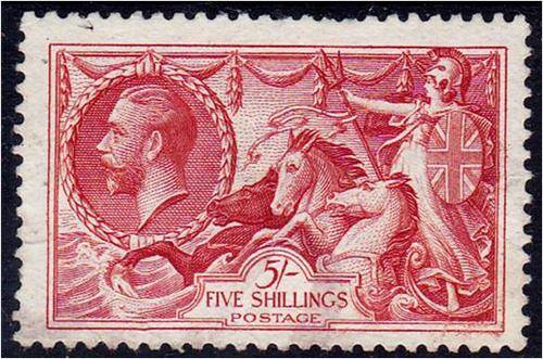 GB KG V 5/- Seahorse Mint no gum - revenue cleaned? SG 451 nice filler