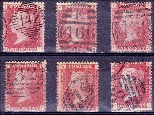 GB QV  6 x 1d reds  Plates 84, 96, 118, 120, 129 & 192 good used