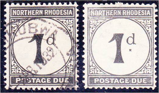 N Rhodesia 1d postage cdue  SG D1 & D1a  fine used