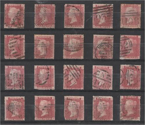 GB QV 20  1d reds  plate  84 mixed condition - for plating