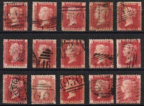 GB QV  15 x 1d reds unchecked plates good used
