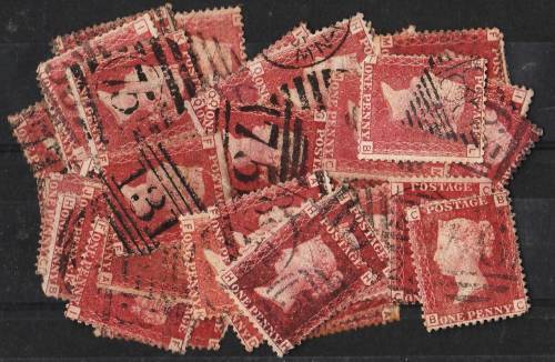 GB QV  50 x 1d reds mixed condition - all plate 93 suit plater