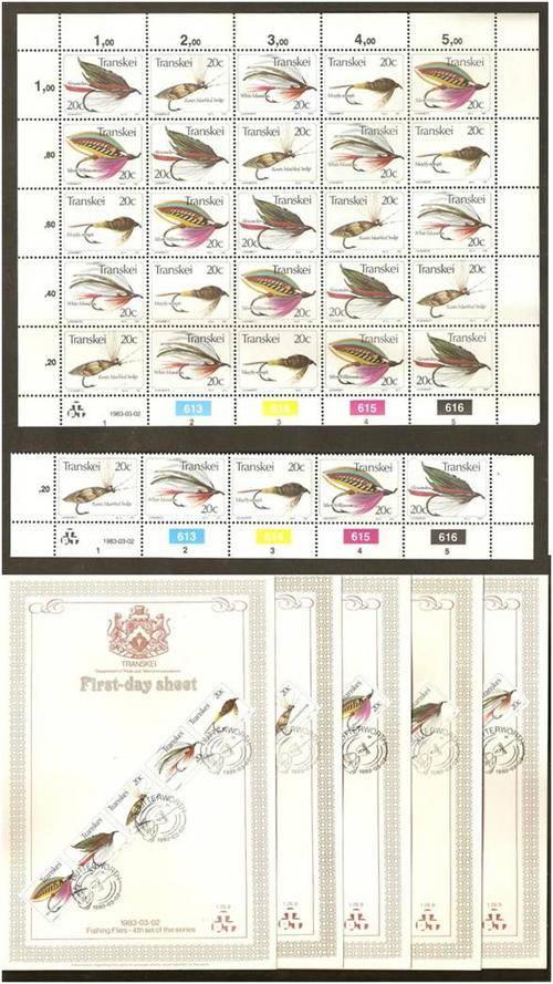 Transkei Fishing flies 4th series FD sheets + full sheet + control