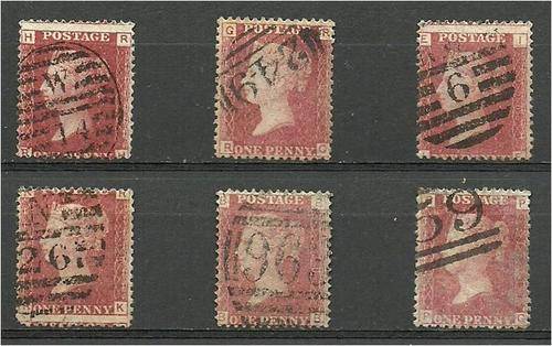 GB QV 6 1d reds Plates 74, 93, 100, 118, 138 & 150 fine used