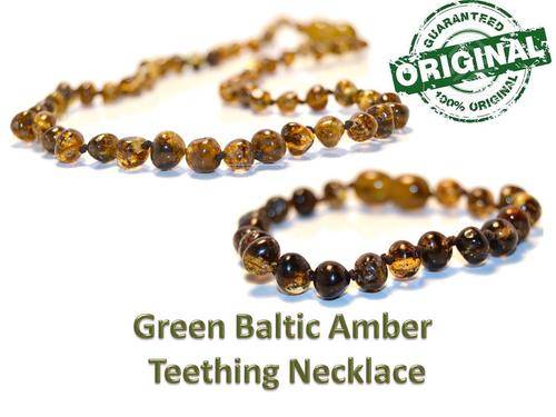 Green colour Baby teething Baltic Amber Bracelet & Necklace set-FREE SHIPPING OPTION