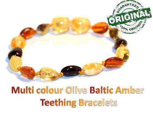 Multi colour Olive  Baby teething Baltic Amber Bracelet-FREE SHIPPING OPTION