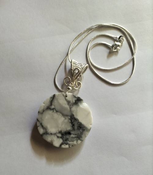 RARE large Howlite flower pendant, silver. P31