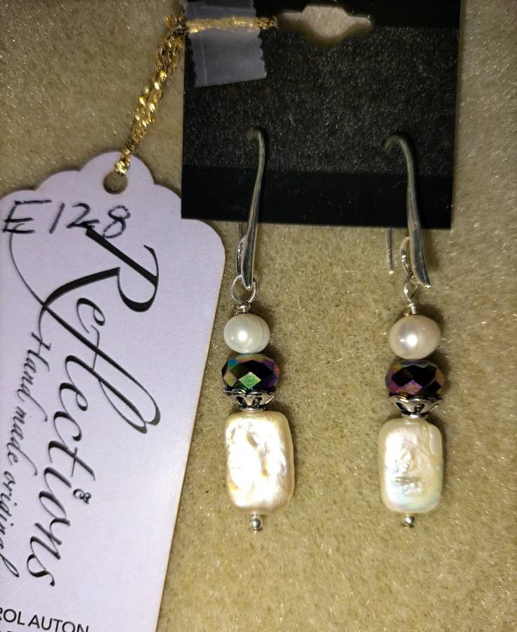 Sterling Silver earrings w oblong Baroque pearls. E128