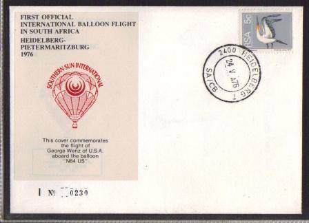 AVIATION 1976 FLIGHT COVER BALLOON FLIGHT HEILDELBURG TO PIETERMARITZBURG # I230