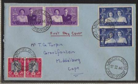 UNION 1947 ROYAL VISIT SET OF 3 PAIRS ON COVER CXD MIDDELBURG 17/2/47 AS PER SCAN