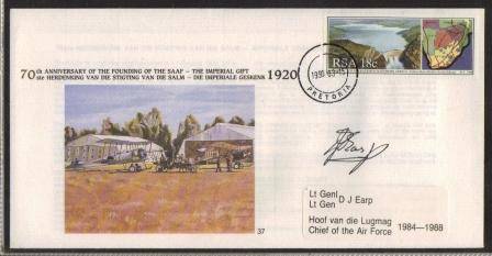 SA AIR FORCE (SAAF) SIGNED COVER #37 70TH ANNIVERSARY FOUNDING OF THE SAAF THE IMPERIAL GIFT