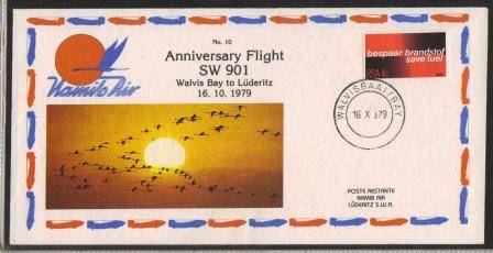 AVIATION - NAMIB AIR COVER #10 ANNIVERSARY FLIGHT WALVIS BAY-LUDERITZ - AFRIKAANS TOP ON STAMP