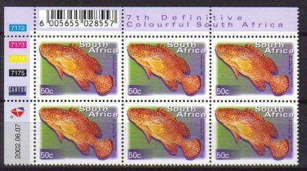 RSA 2002 7TH DEFINITIVE 50c FISHES MNH CONTROL BLOCK 7172-7175 OF 6 DATED 2002/06/07