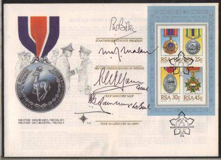 RSA 1984 MILITARY DECORATIONS FDC S12 SIGNED BY STATE PRESIDENT/MIN OF DEFENCE/CHIEF SADF/CHIEF ARMY