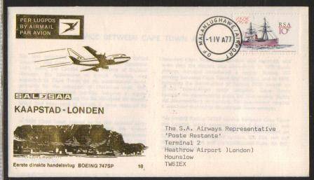 SA AIRWAYS (SAA) FLIGHT COVER # 18 - FIRST FLIGHT BOEING 747SP CAPE TOWN - LONDON