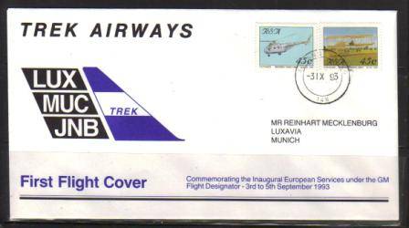 AVIATION - FLITESTAR FIRST FLIGHT COVER # 47 JNB/MUC 3-5/9/1993 - SELDOM OFFERED