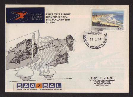 AVIATION - RSA FLIGHT COVER 1984 1ST TEST FLIGHT SAA JUNKERS JU52/3M CXD JAN SMUTS AIRPORT 14/1/84