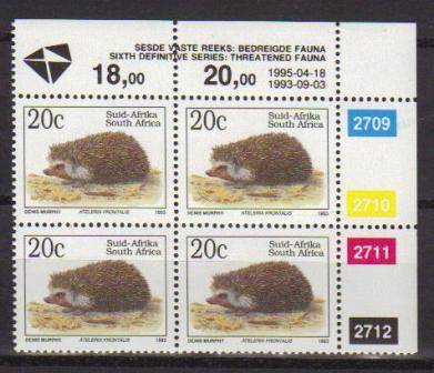 RSA 1995 6TH DEFINITIVE THREATENED FAUNA 20c MNH CONTROL BLOCK 2709/2712 PANE B DATED 1995/04/18