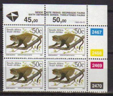 RSA 1993 6TH DEFINITIVE THREATENED FAUNA 50c MNH CONTROL BLOCK 2467/2470 PANE A DATED 1993/09/03