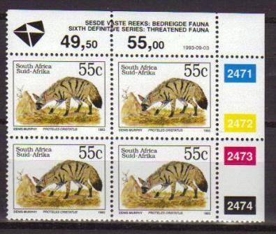 RSA 1993 6TH DEFINITIVE THREATENED FAUNA 55c MNH CONTROL BLOCK 2471/2474 PANE B DATED 1993/09/03