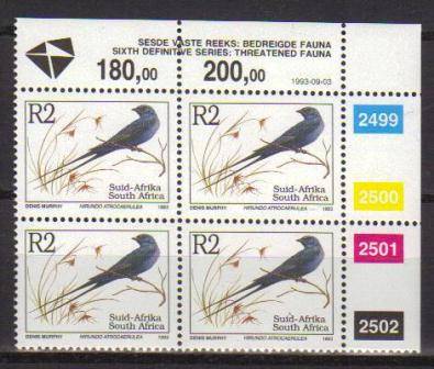 RSA 1993 6TH DEFINITIVE THREATENED FAUNA R2 MNH CONTROL BLOCK 2499/2502 PANE A DATED 1993/09/03