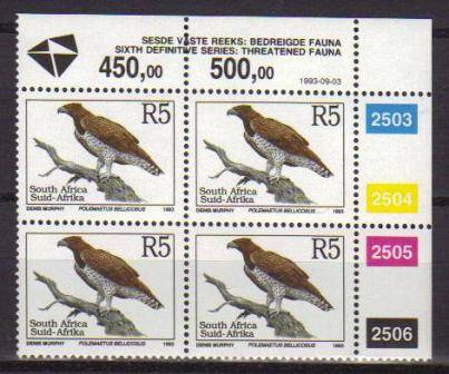 RSA 1993 6TH DEFINITIVE THREATENED FAUNA R5 MNH CONTROL BLOCK 2503/2506 PANE B DATED 1993/09/03