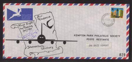AVIATION - 1973 1ST FLIGHT COVER BOEING 707/720 JHB-SALISBURY KEMPAIR # 3a SIGNED BY CAPTAIN