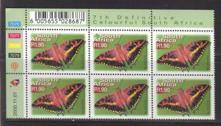 RSA 2000 7TH DEFINITIVE R1.90 BUTTERFLIES MNH CONTROL BLOCK 7076 OF 6 DATED 2000/11/01