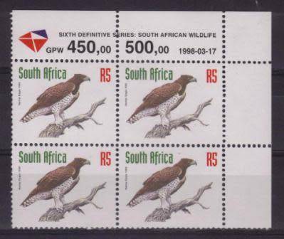 RSA 1998 REDRAWN 6TH DEFINITIVE THREATENED FAUNA R5 MNH CONTROL BLOCK PANE B DATED 17/3/1998