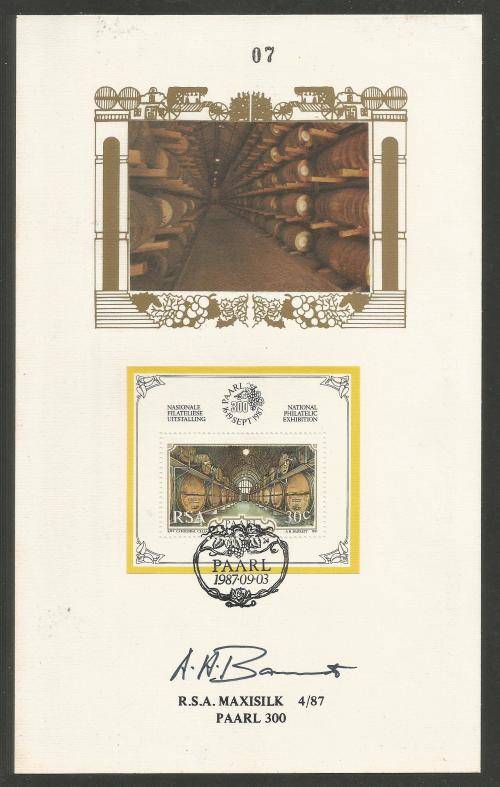 RSA 1987 PAARL 300 M/S LIMITED EDITION MAXISILK CARD # 4/87 - SIGNED BY ARTIST AH BARRETT