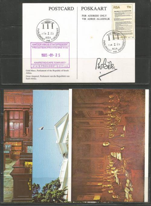 RSA 1985 SET OF 4 PARLIAMENT POSTCARDS ONE OF WHICH STAMPED and SIGNED BY STATE PRESIDENT PW BOTHA