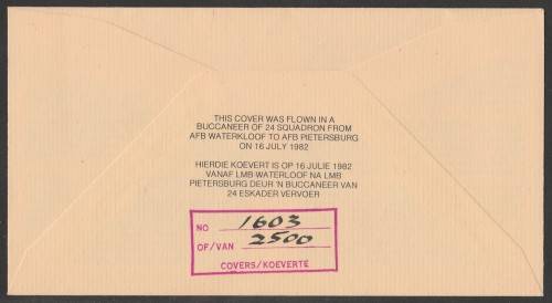 SA AIR FORCE (SAAF) FLIGHT COVER #10 1982 BOSTON SHUTTLE SERVICE SIGNED BY 2 PLUS ARTIST G VAN RHYN