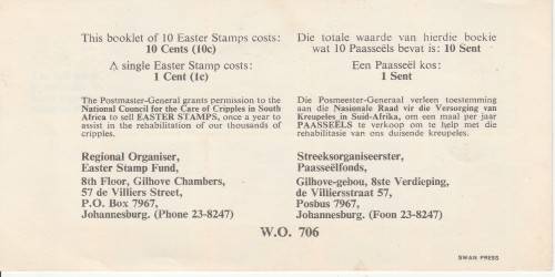 RSA 1969 EASTER LABELS BOOKLET INCOMPLETE WITH MNH PANE OF 8 - PROTEA CYNARODES STAMP TOP LEFT