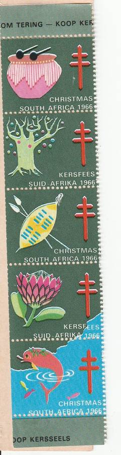 RSA 1966 CHRISTMAS LABELS BOOKLET COMPLETE WITH STRIP OF 5 MNH STAMPS - DRUM STAMP ON TOP