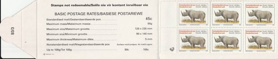 RSA 1993 RHINO BOOKLET WITH MNH LATIN COATED STAMPS FULLY PERFED FLAP 93/3 STATION 3 BY PRINTPAK