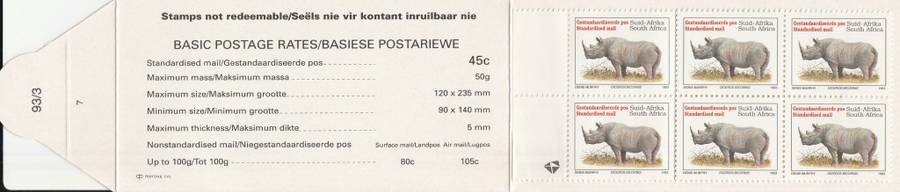 RSA 1993 RHINO BOOKLET WITH MNH LATIN COATED STAMPS FULLY PERFED FLAP 93/3 STATION 7 BY PRINTPAK