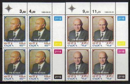 RSA 1989 FW DE KLERK SET OF 2 MNH CONTROL BLOCKS