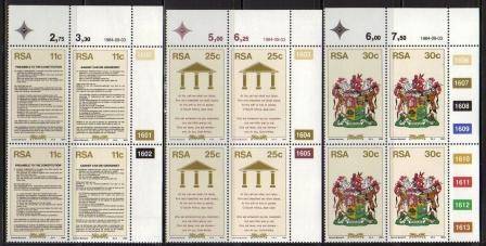 RSA 1984 NEW CONSTITUTION SET OF 3 MNH CONTROL BLOCKS OF 4
