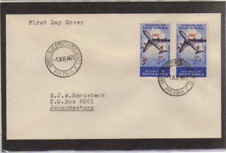 RSA 1961 50TH ANNIV 1ST SA FLIGHT COVER WITH PAIR CXD UNION BUILDINGS 1/12/61