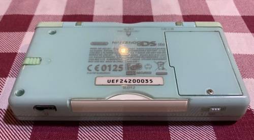 light blue Nintendo DS Lite with charger, stylus & case