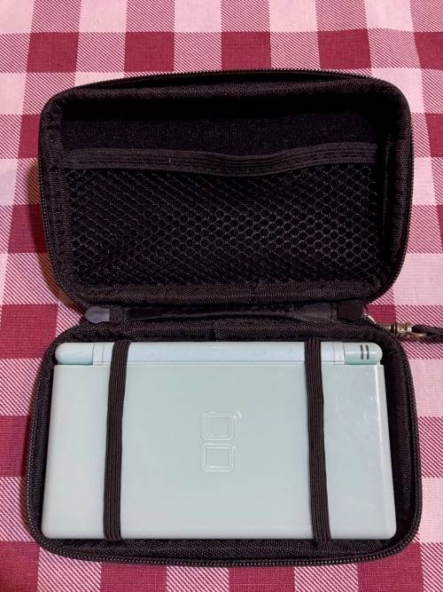 light blue Nintendo DS Lite with charger, stylus & case