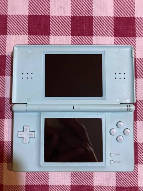 light blue Nintendo DS Lite with charger, stylus & case