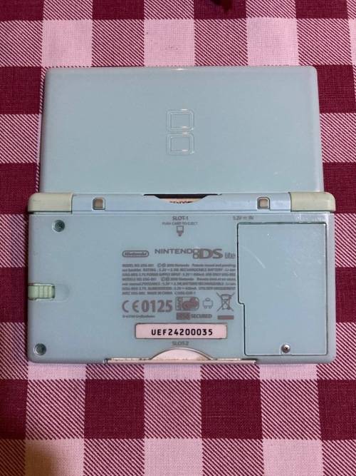 light blue Nintendo DS Lite with charger, stylus & case