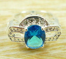 Victorian Style Blue & White Gemstones Jewelry Silver Ring Size8