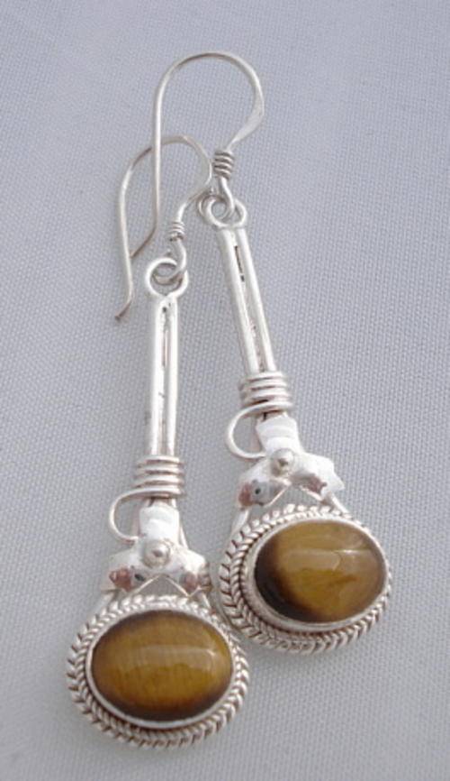 STUNNING TIGER EYE DANGLE EARRINGS SET IN SOLID STERLING SILVER.925