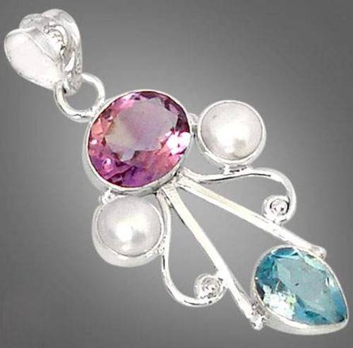 RARE PURPLE AMETHYST OVAL TOPAZ PEARL 925 STERLING SILVER PENDANT